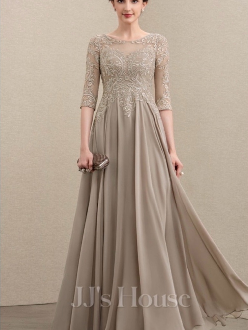 JJs House Taupe Embroidered Chiffon Maxi Dress